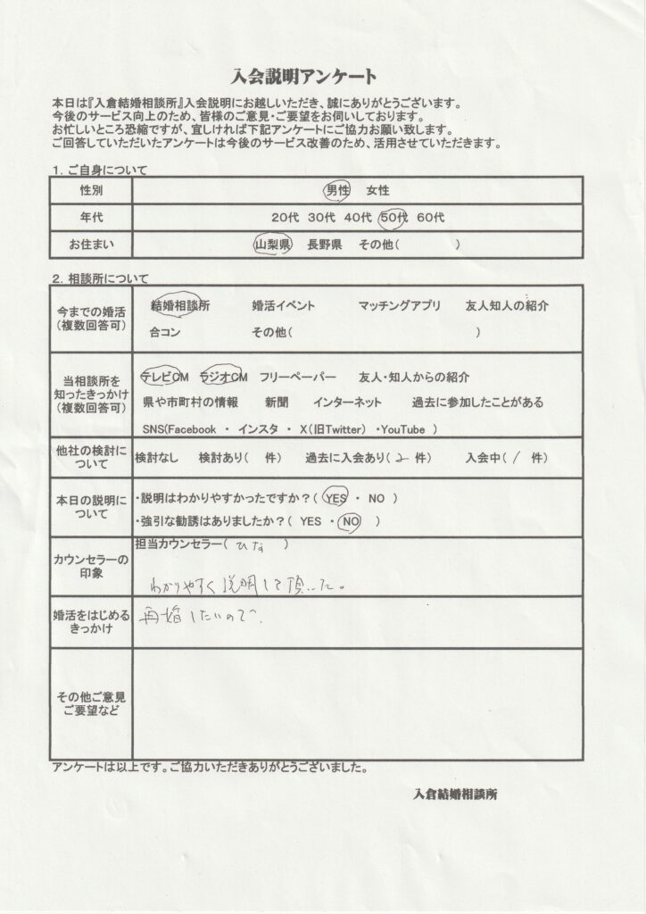 50代男性入会説明のアンケート画像