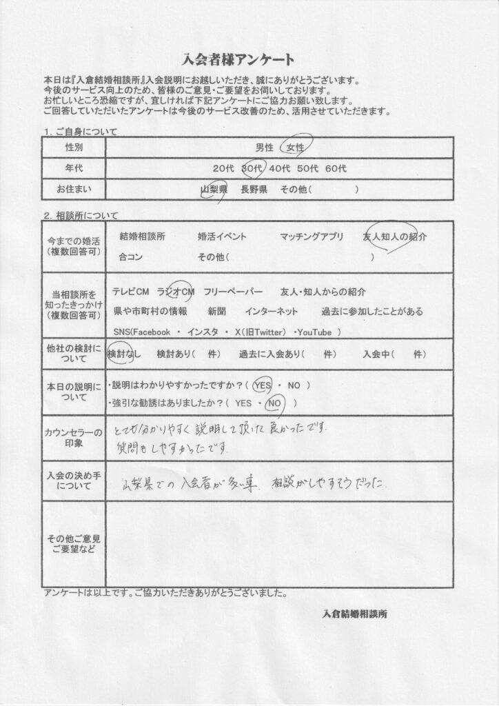 30代女性新規者入会のアンケート画像