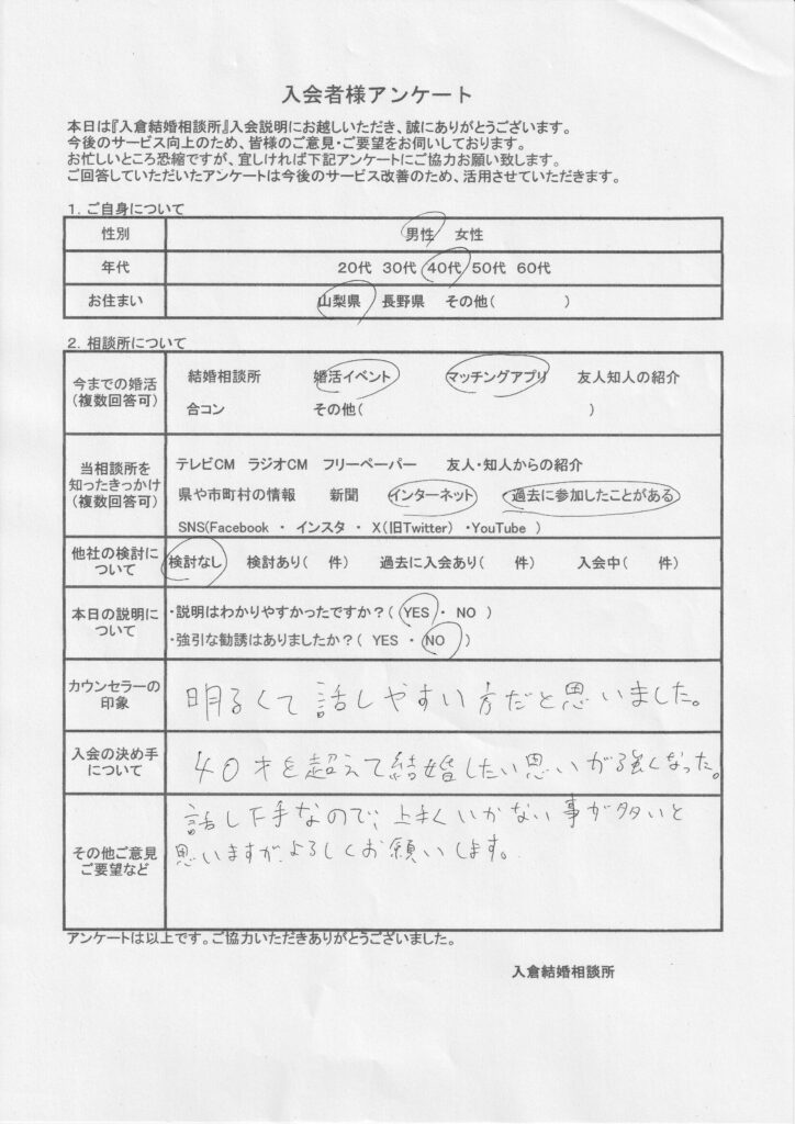 40代男性新規者入会のアンケート画像